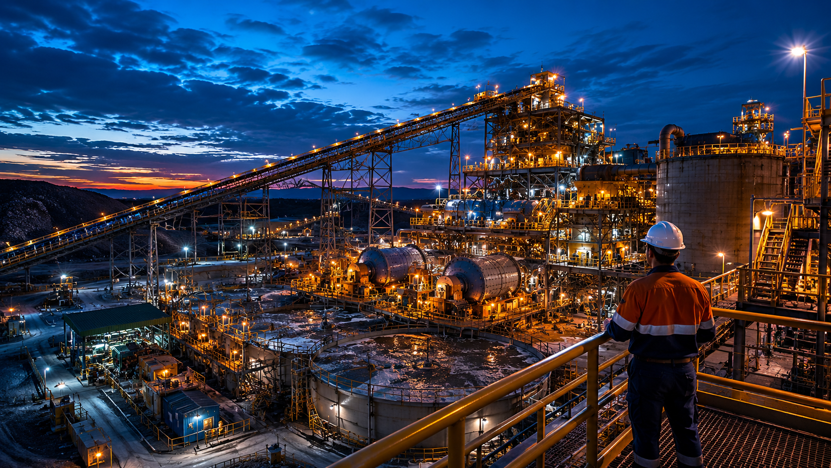 Engineer overlooking a processing plant at night